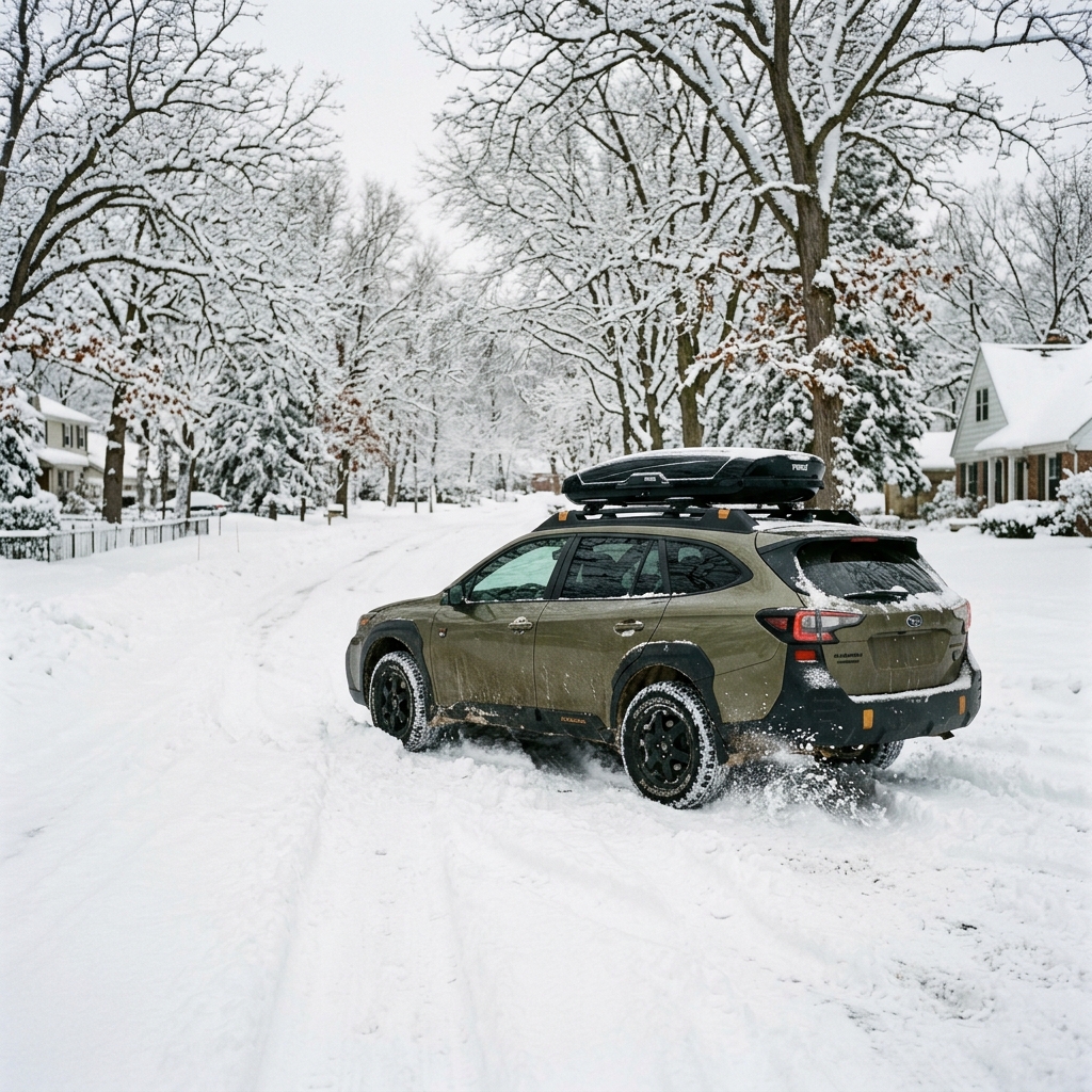 Olive green Subaru Outback with a roof cargo box navigating a snow-covered suburban street. (Representative image for illustration purposes only. Actual vehicle may vary based on trim and configuration.)