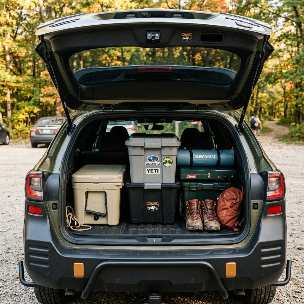 Open trunk of a green Subaru Outback packed neatly with camping gear, Yeti coolers, hiking boots, and a sleeping pad. (Representative image for illustration purposes only. Actual vehicle may vary based on trim and configuration.)
