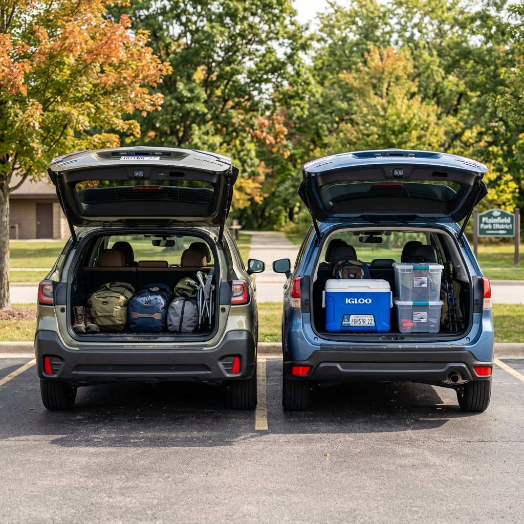 Rear view of two SUVs with open trunks packed with camping gear, coolers, and duffel bags in a parking lot. (Representative image for illustration purposes only. Actual vehicle may vary based on trim and configuration.)