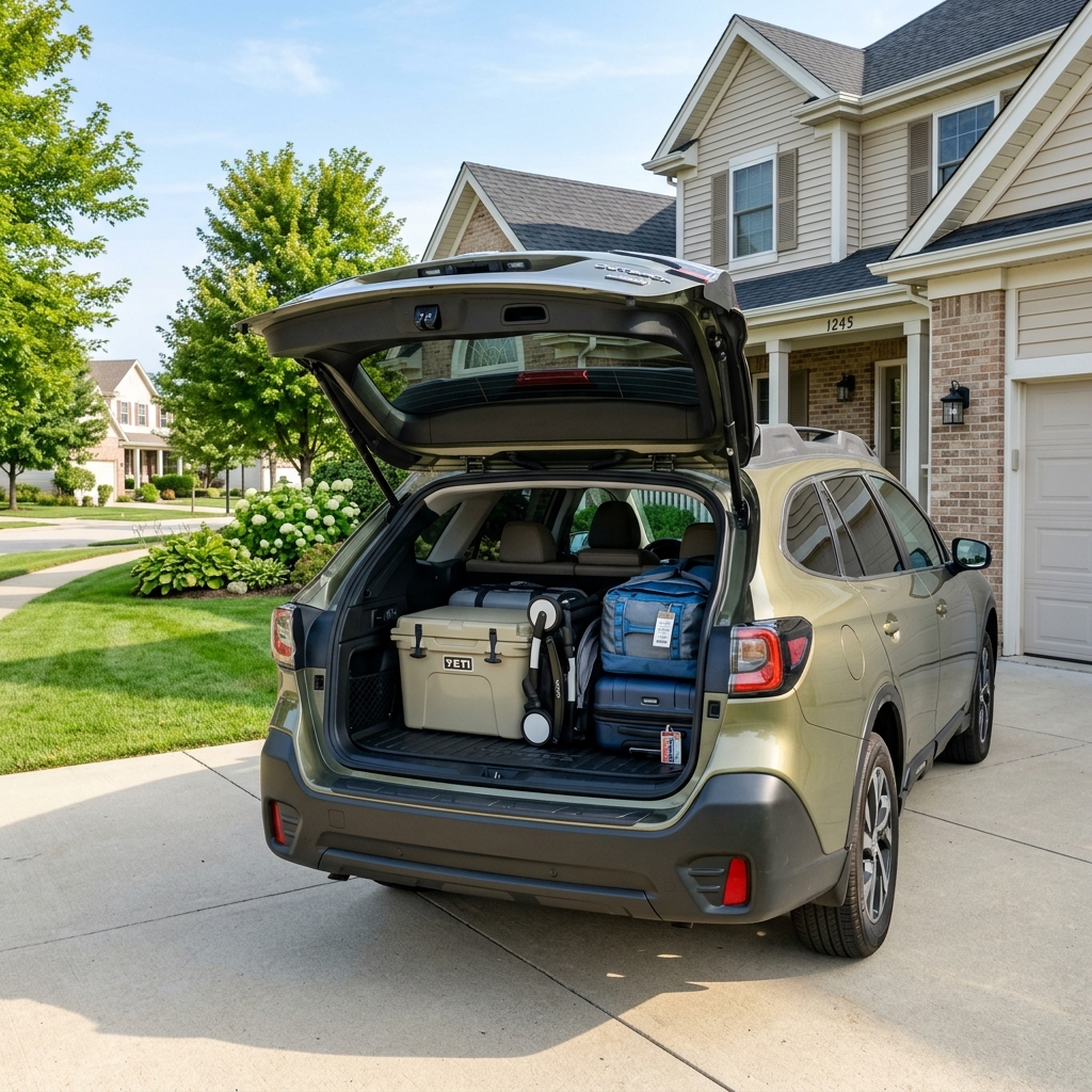 Open trunk of a green SUV packed with a Yeti cooler, stroller, and luggage in a suburban driveway. (Representative image for illustration purposes only. Actual vehicle may vary based on trim and configuration.)