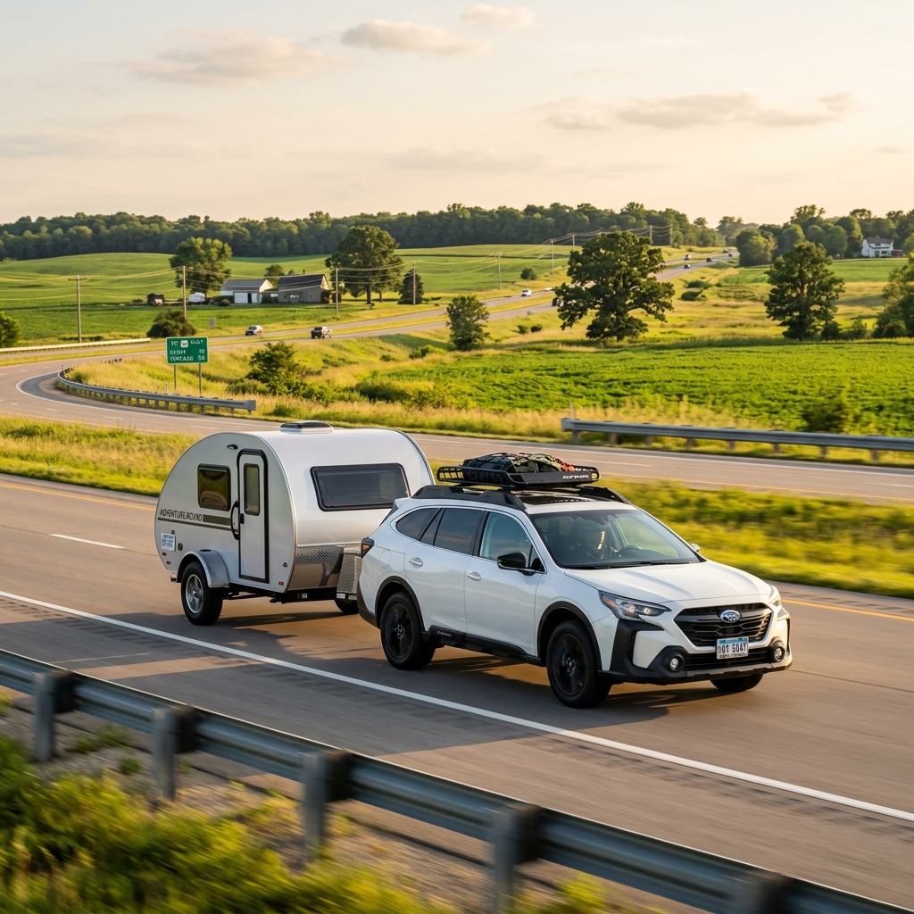 White Subaru SUV towing a small teardrop camper trailer along a rural highway during golden hour. (Representative image for illustration purposes only. Actual vehicle may vary based on trim and configuration.)