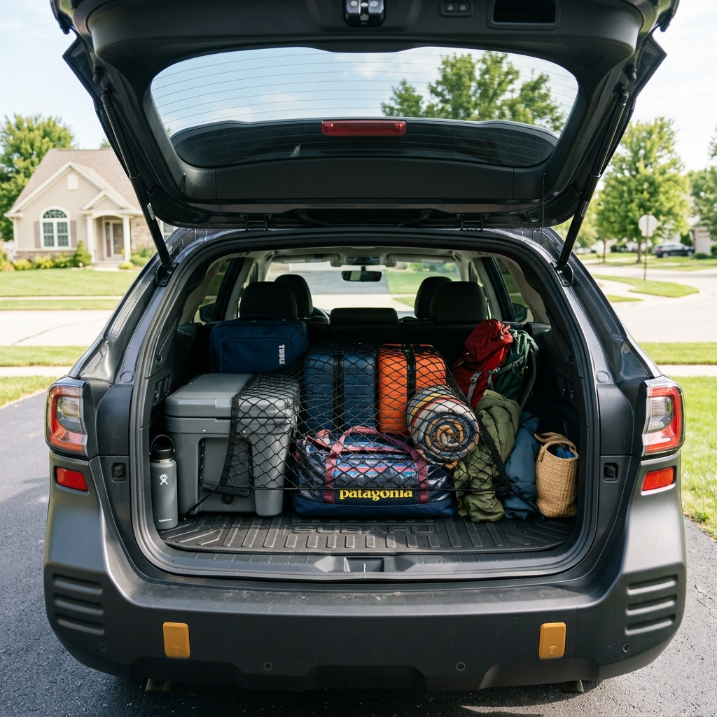 Open trunk of a dark grey SUV fully packed with outdoor gear, a cooler, bags, and camping supplies. (Representative image for illustration purposes only. Actual vehicle may vary based on trim and configuration.)