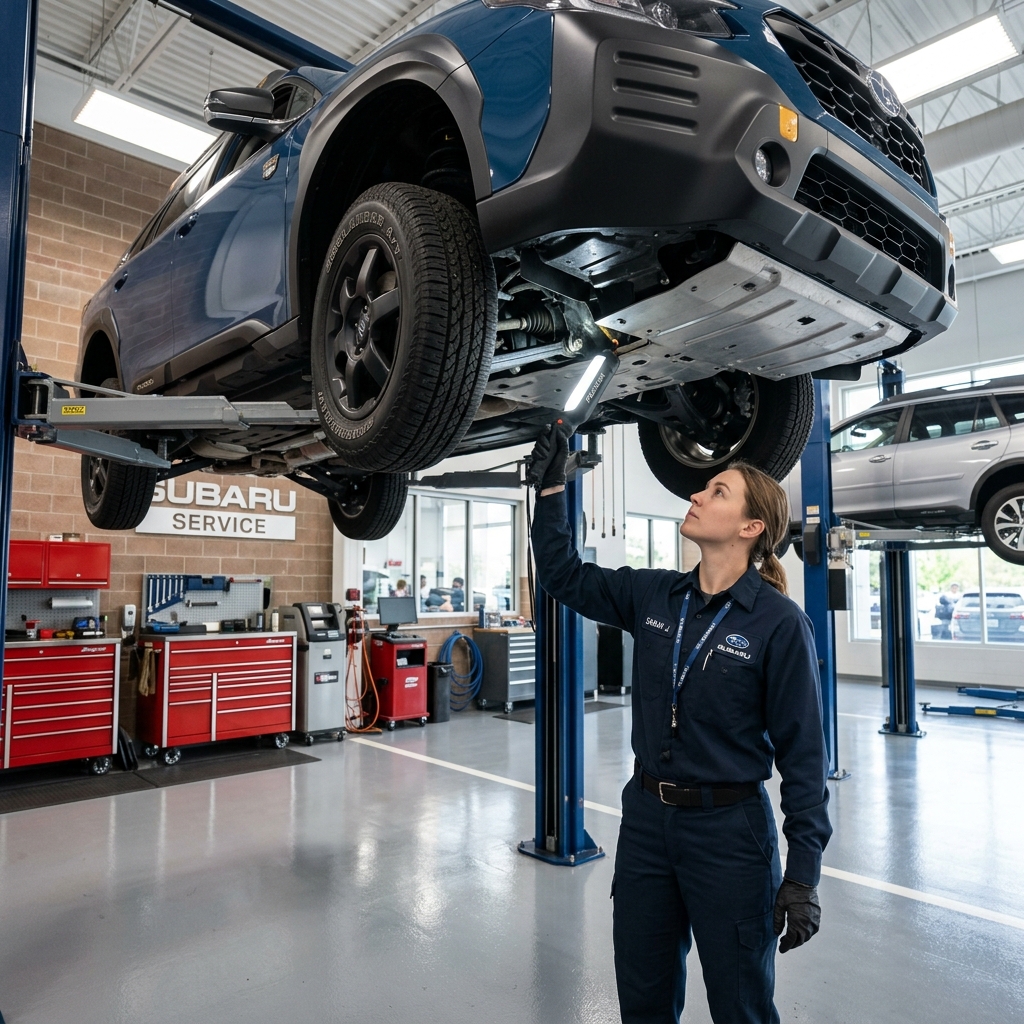 Female Subaru technician inspecting the undercarriage of a blue SUV raised on a lift with a flashlight. (Representative image for illustration purposes only. Actual vehicle may vary based on trim and configuration.)