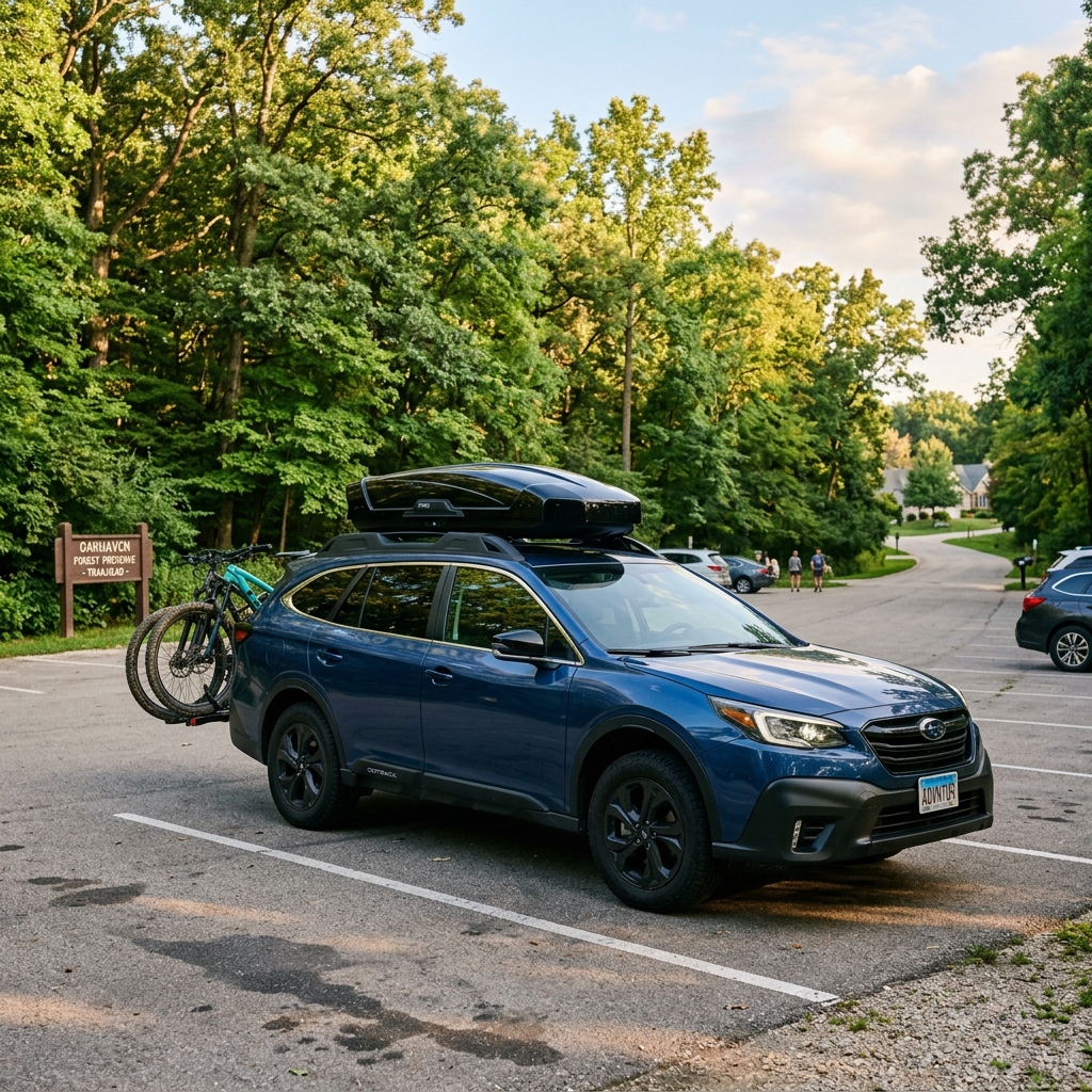 Blue Subaru Outback parked with a black roof cargo box and a mountain bike mounted on a rear hitch rack. (Representative image for illustration purposes only. Actual vehicle may vary based on trim and configuration.)