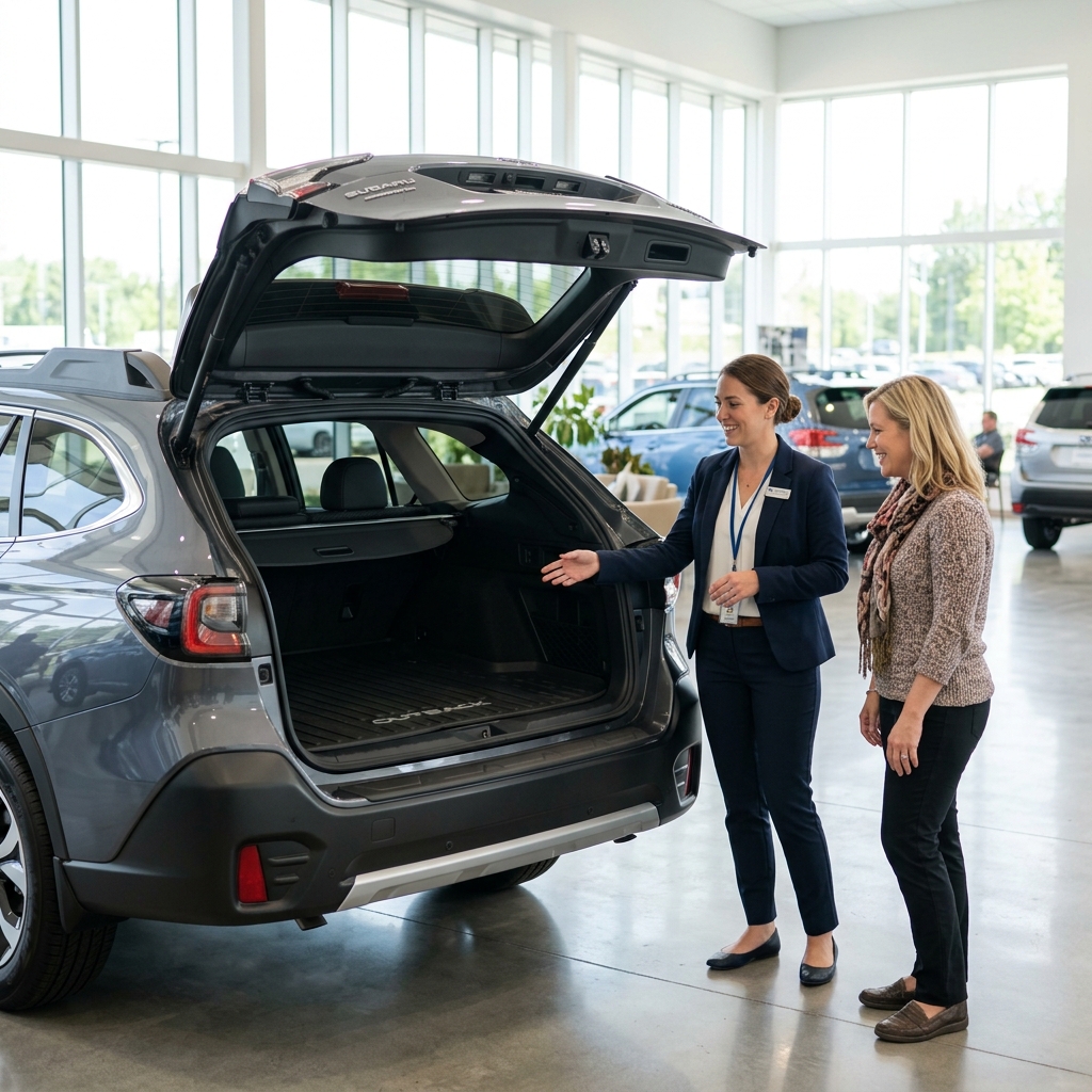 A saleswoman shows the open trunk of a grey Subaru Outback to a female customer in a car dealership showroom. (Representative image for illustration purposes only. Actual vehicle may vary based on trim and configuration.)