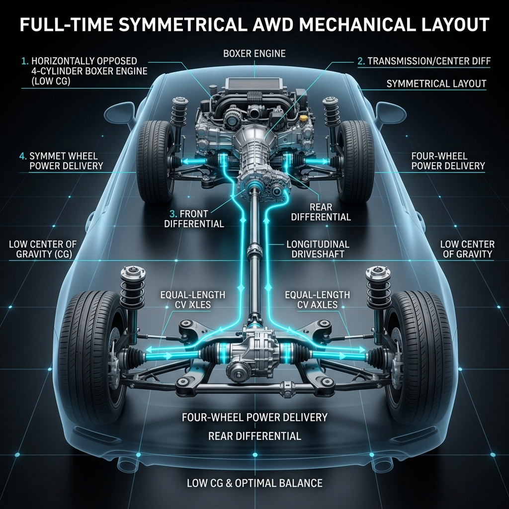 Diagram of a full-time symmetrical all-wheel drive drivetrain showing boxer engine, differential, and axles. (Representative image for illustration purposes only. Actual vehicle may vary based on trim and configuration.)