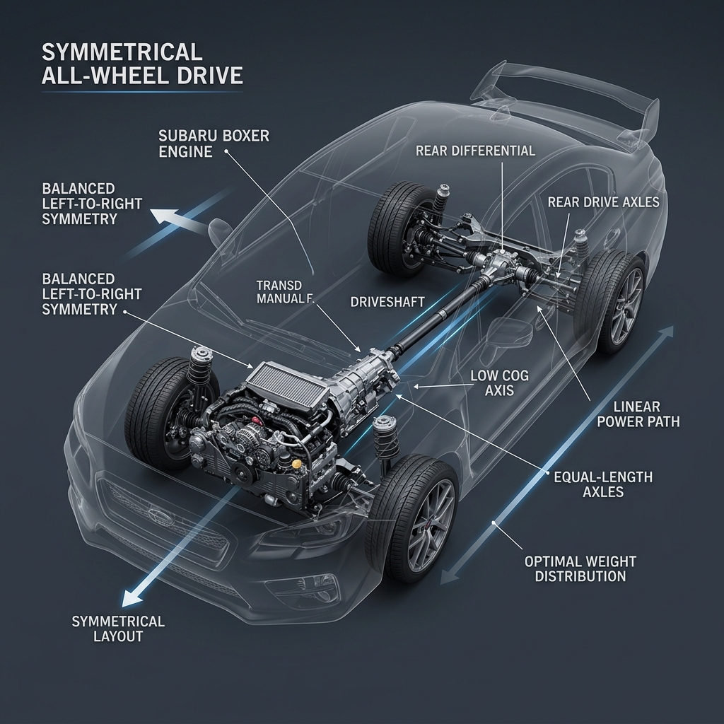 Diagram showing Subaru's Symmetrical All-Wheel Drive system, boxer engine, and drivetrain layout. (Representative image for illustration purposes only. Actual vehicle may vary based on trim and configuration.)