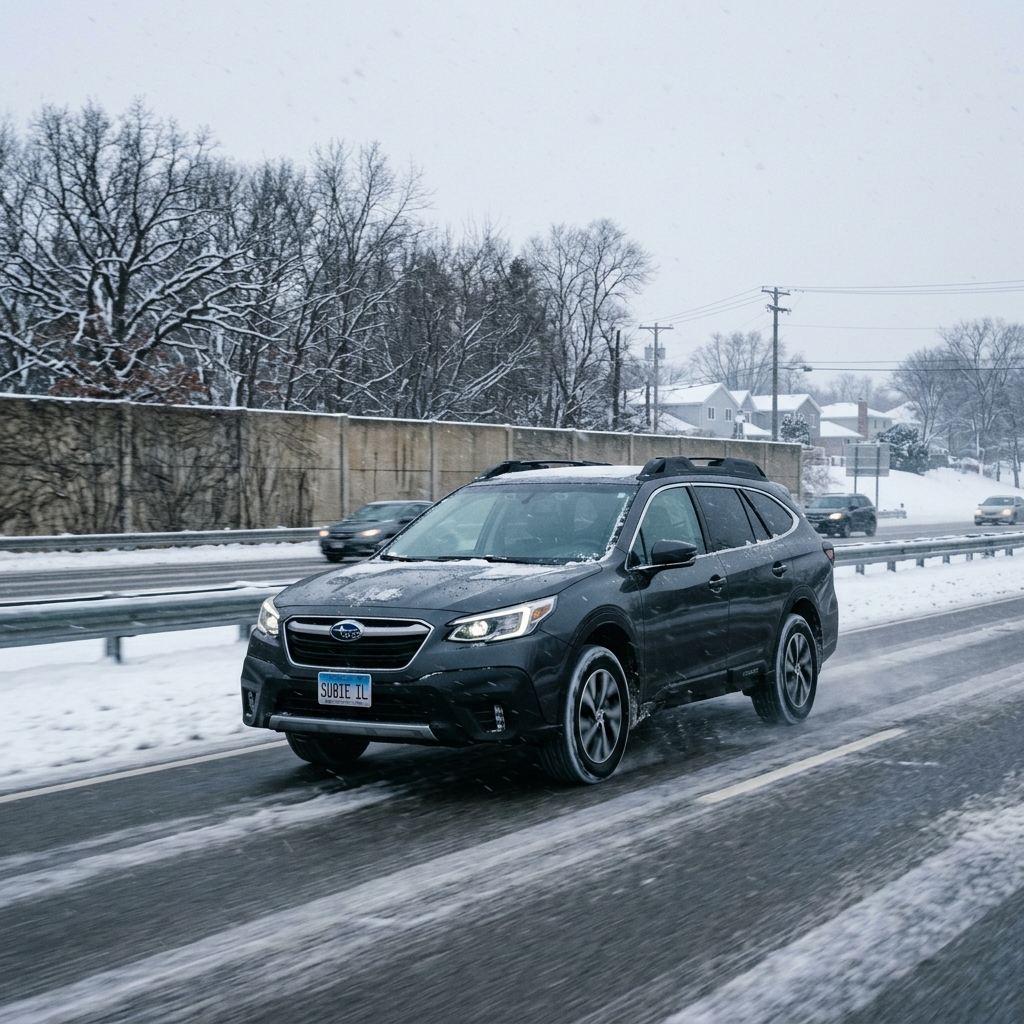 Dark grey Subaru Outback driving on a slushy highway during a winter snowstorm. (Representative image for illustration purposes only. Actual vehicle may vary based on trim and configuration.)