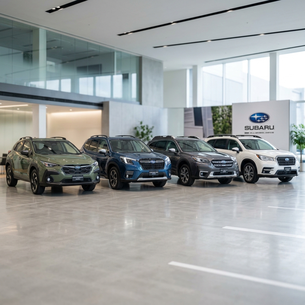 Four Subaru SUVs in green, blue, grey, and white parked in a row inside a bright dealership showroom. (Representative image for illustration purposes only. Actual vehicle may vary based on trim and configuration.)
