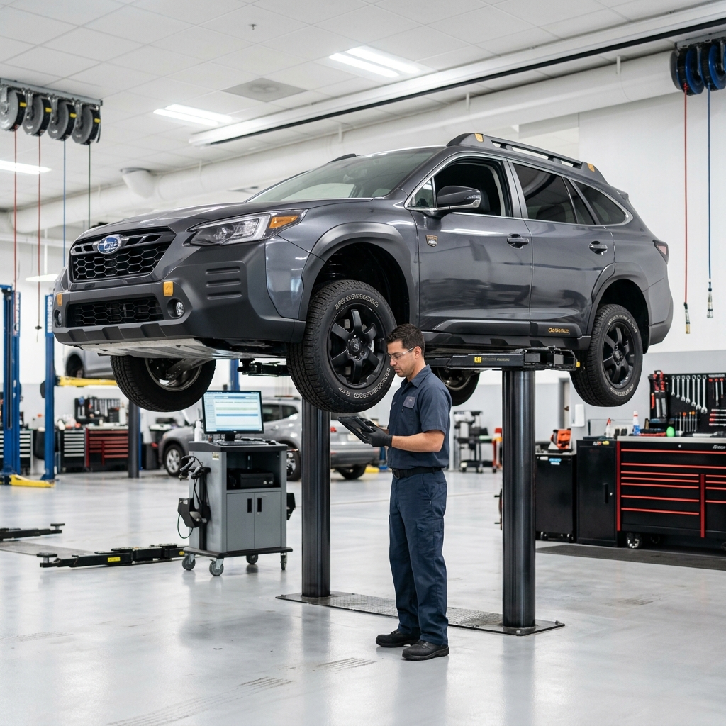 A mechanic holding a tablet inspects a grey Subaru SUV elevated on a hydraulic lift inside a clean service bay. (Representative image for illustration purposes only. Actual vehicle may vary based on trim and configuration.)