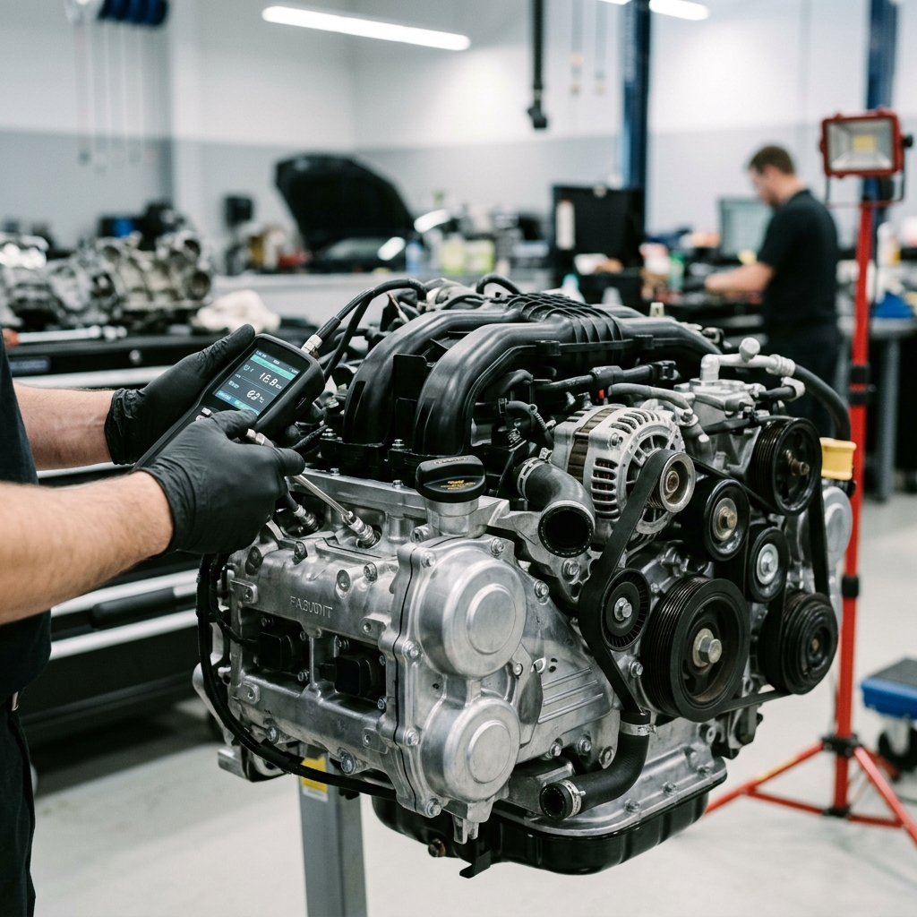 Mechanic wearing black gloves uses a handheld diagnostic tool to test a car engine in an auto repair shop. (Representative image for illustration purposes only. Actual vehicle may vary based on trim and configuration.)
