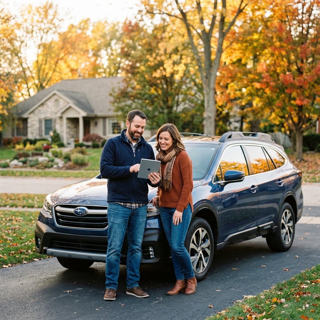 A man and woman smile while looking at a tablet standing beside a blue SUV on a driveway surrounded by fall trees. (Representative image for illustration purposes only. Actual vehicle may vary based on trim and configuration.)