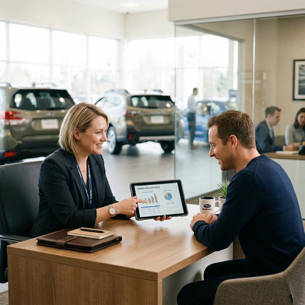 A dealership representative shows financing options on a tablet to a male customer at a wooden desk. (Representative image for illustration purposes only. Actual vehicle may vary based on trim and configuration.)