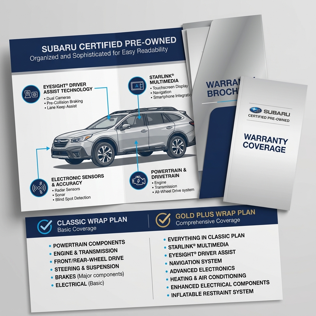 Subaru Certified Pre-Owned brochure displaying vehicle features and Classic vs Gold Plus warranty coverage plans. (Representative image for illustration purposes only. Actual vehicle may vary based on trim and configuration.)