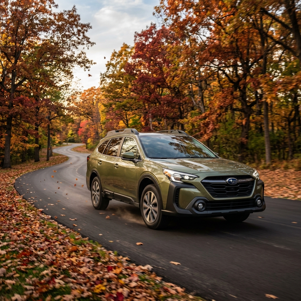 An olive green Subaru Outback driving down a winding road lined with vibrant autumn trees and fallen leaves. (Representative image for illustration purposes only. Actual vehicle may vary based on trim and configuration.)