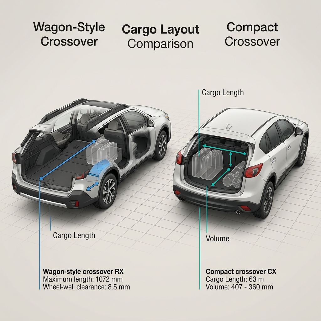 Cargo layout comparison diagram comparing a wagon-style crossover with a compact crossover. (Representative image for illustration purposes only. Actual vehicle may vary based on trim and configuration.)