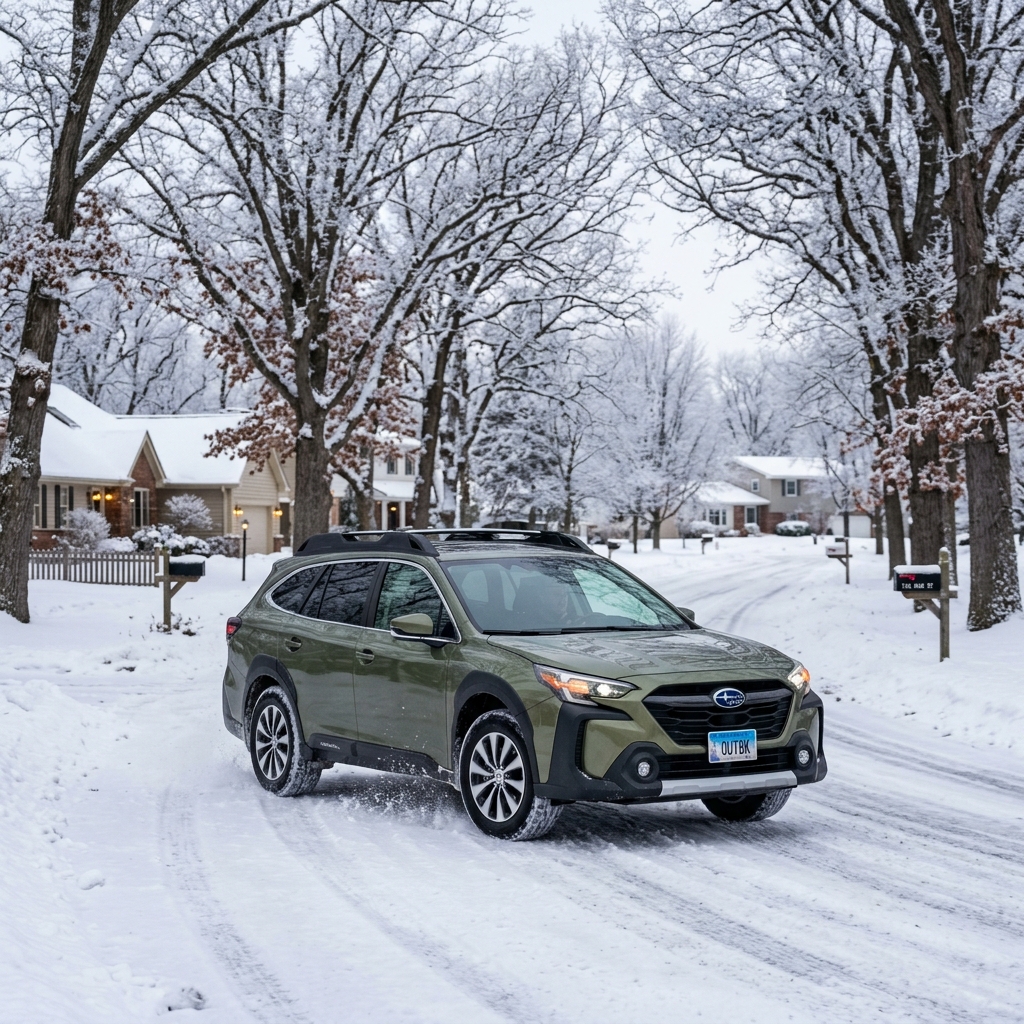 An olive green Subaru Outback driving on a snow-dusted suburban street surrounded by winter trees and houses. (Representative image for illustration purposes only. Actual vehicle may vary based on trim and configuration.)