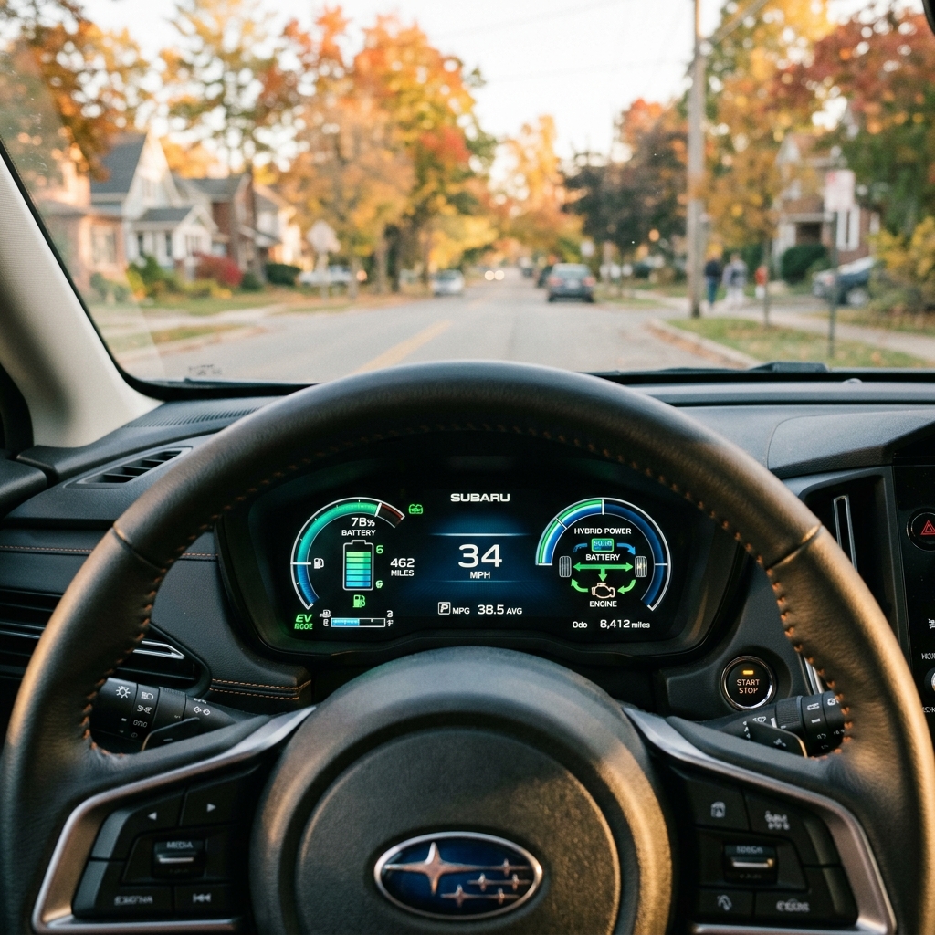 Driver's perspective inside a Subaru hybrid car showing a digital dashboard and an autumn residential street ahead. (Representative image for illustration purposes only. Actual vehicle may vary based on trim and configuration.)