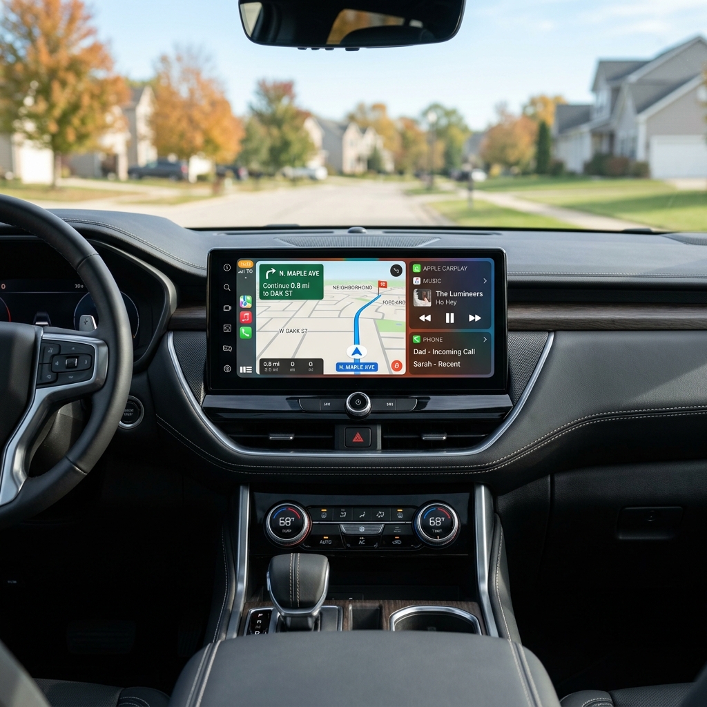 Modern car interior dashboard featuring a large touchscreen displaying Apple CarPlay navigation and media controls. (Representative image for illustration purposes only. Actual vehicle may vary based on trim and configuration.)