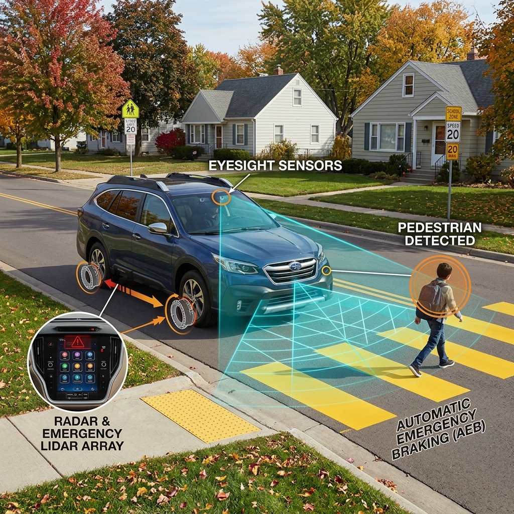 Diagram showing a Subaru SUV using EyeSight sensors and automatic emergency braking to detect a pedestrian in a crosswalk. (Representative image for illustration purposes only. Actual vehicle may vary based on trim and configuration.)