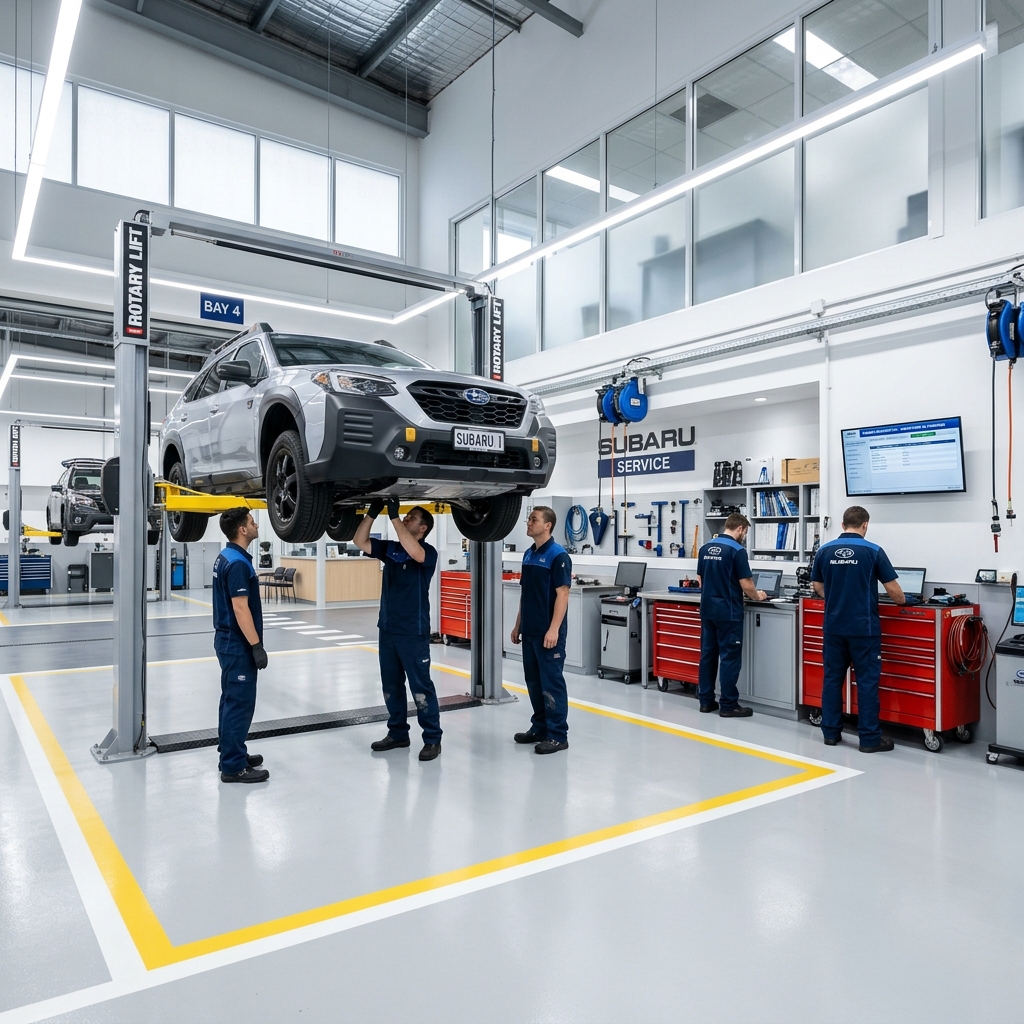 Technicians inspecting a Subaru SUV raised on a lift inside a modern, clean auto service bay. (Representative image for illustration purposes only. Actual vehicle may vary based on trim and configuration.)