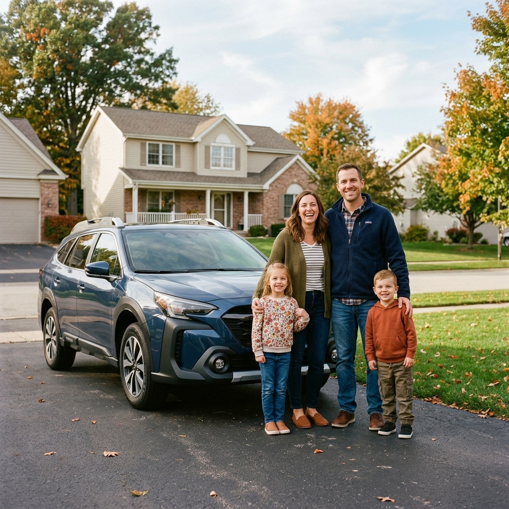 Smiling family of four posing next to a dark blue SUV in their suburban driveway in autumn. (Representative image for illustration purposes only. Actual vehicle may vary based on trim and configuration.)