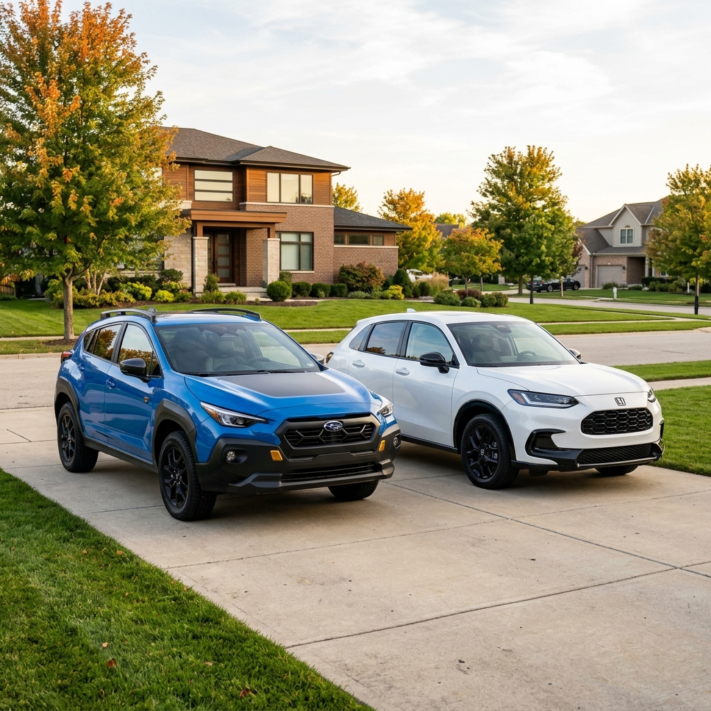 A blue Subaru Crosstrek Wilderness and a white Honda HR-V parked side-by-side in a suburban driveway. (Representative image for illustration purposes only. Actual vehicle may vary based on trim and configuration.)