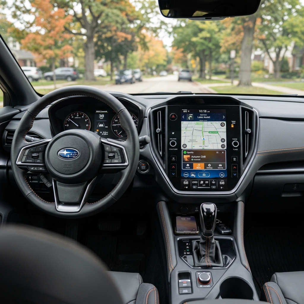 Driver's seat view inside a modern Subaru featuring a large touchscreen navigation display and leather steering wheel. (Representative image for illustration purposes only. Actual vehicle may vary based on trim and configuration.)