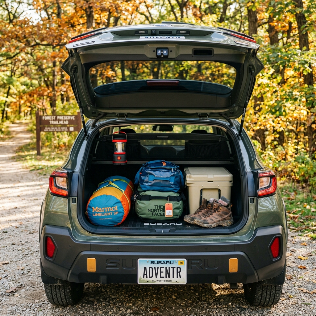 Rear view of a green Subaru with an open trunk packed with outdoor camping gear on a dirt trailhead path. (Representative image for illustration purposes only. Actual vehicle may vary based on trim and configuration.)