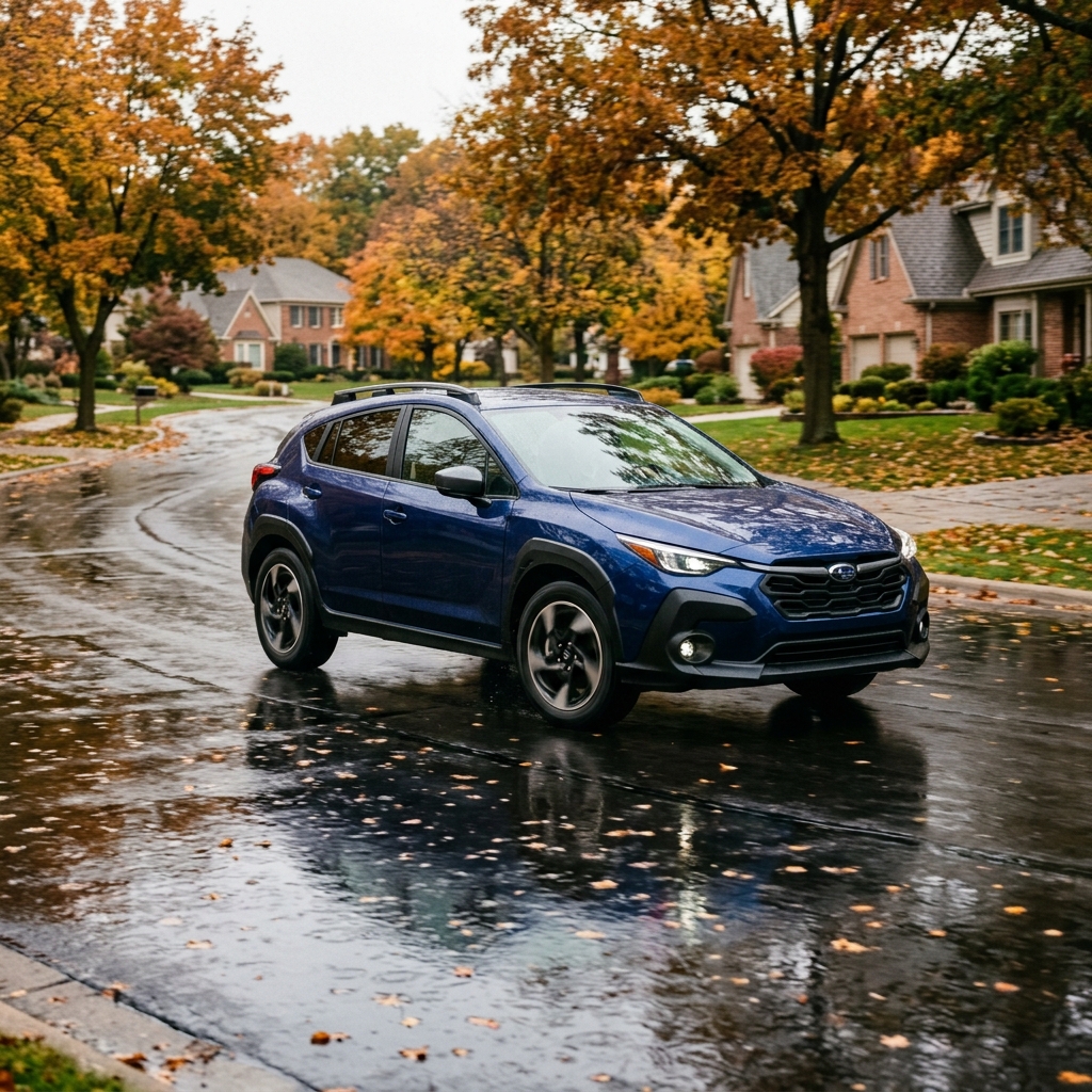 A blue Subaru Crosstrek driving down a wet suburban street surrounded by colorful autumn foliage. (Representative image for illustration purposes only. Actual vehicle may vary based on trim and configuration.)