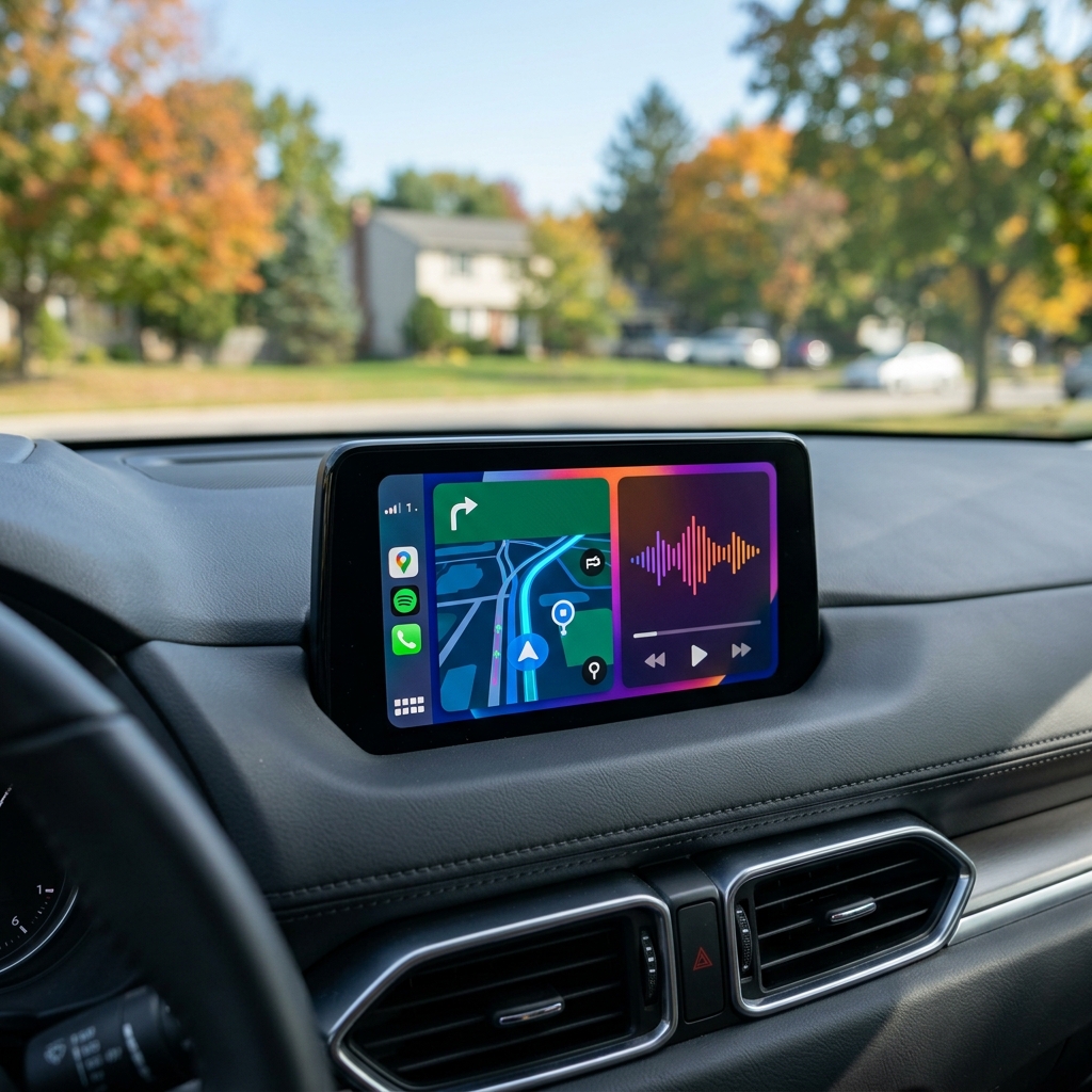 Car dashboard touchscreen displaying a split-screen navigation map and audio waveform music player interface. (Representative image for illustration purposes only. Actual vehicle may vary based on trim and configuration.)