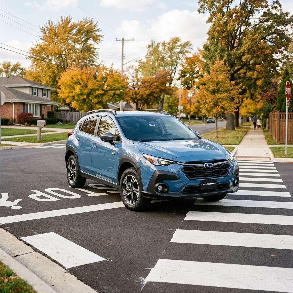 A light blue Subaru Crosstrek parked near a crosswalk on a suburban street surrounded by autumn trees. (Representative image for illustration purposes only. Actual vehicle may vary based on trim and configuration.)
