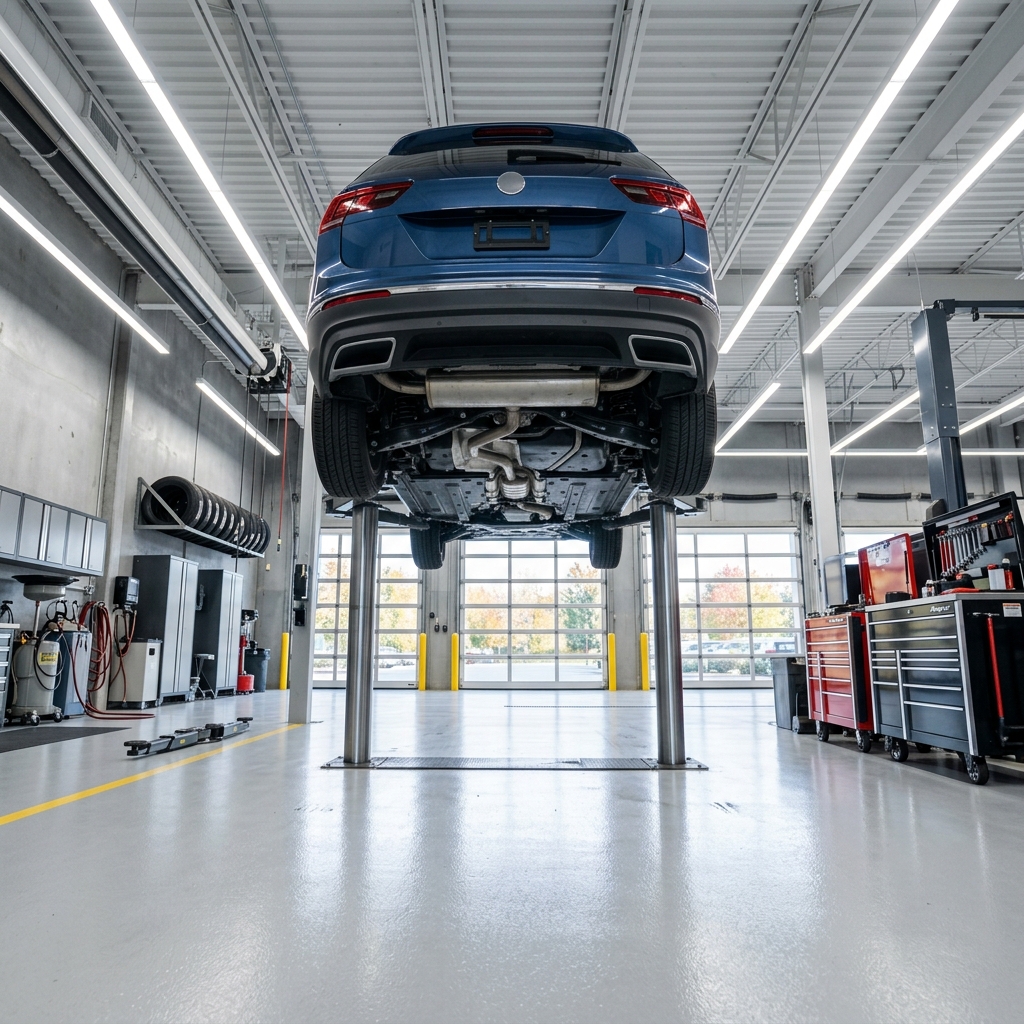 A blue SUV elevated on a hydraulic lift inside a bright, modern auto repair shop. (Representative image for illustration purposes only. Actual vehicle may vary based on trim and configuration.)