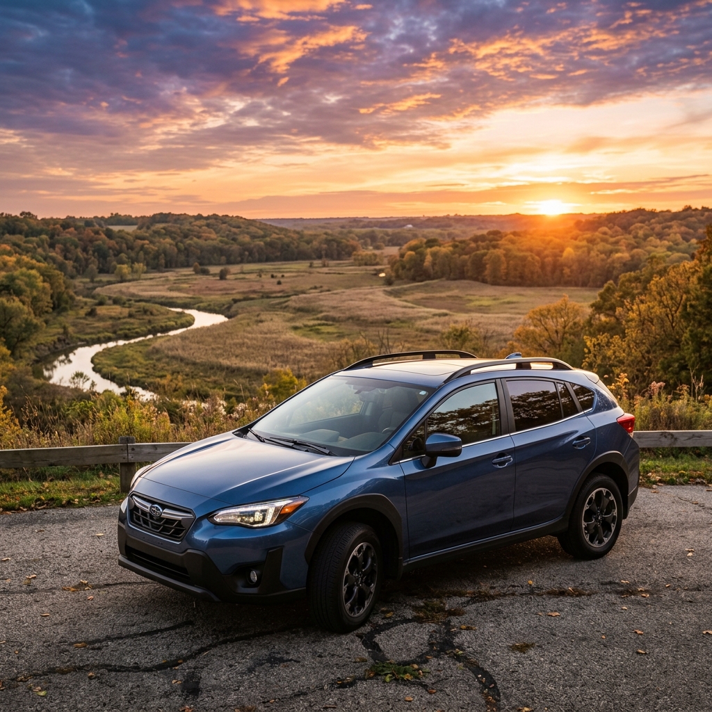 A blue Subaru Crosstrek parked at a scenic overlook facing a winding river valley during a sunset. (Representative image for illustration purposes only. Actual vehicle may vary based on trim and configuration.)