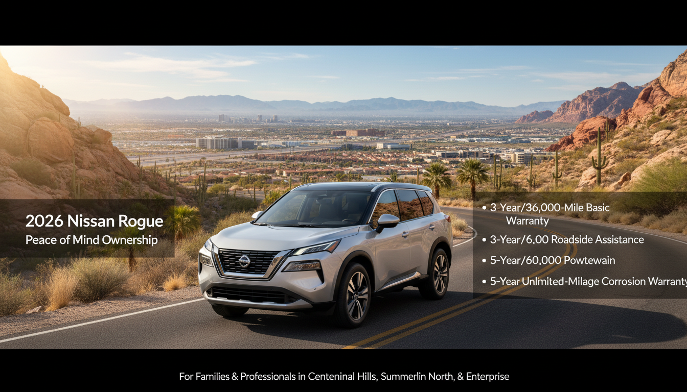 AI generated: For families and professionals in Centennial Hills, Summerlin North, and Enterprise, the ownership experience begins with peace of mind, and the 2026 Nissan Rogue excels in this area with its comprehensive warranty coverage. Nissan backs the Rogue with a 3-year/36,000-mile basic warran