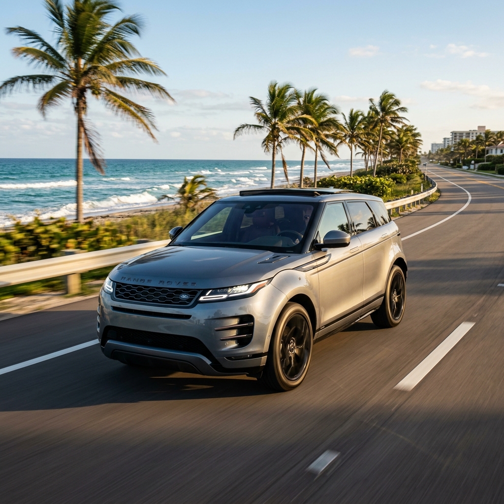 A silver Range Rover Evoque driving on a scenic coastal road next to palm trees and the ocean. (Representative image for illustration purposes only. Actual vehicle may vary based on trim and configuration.)
