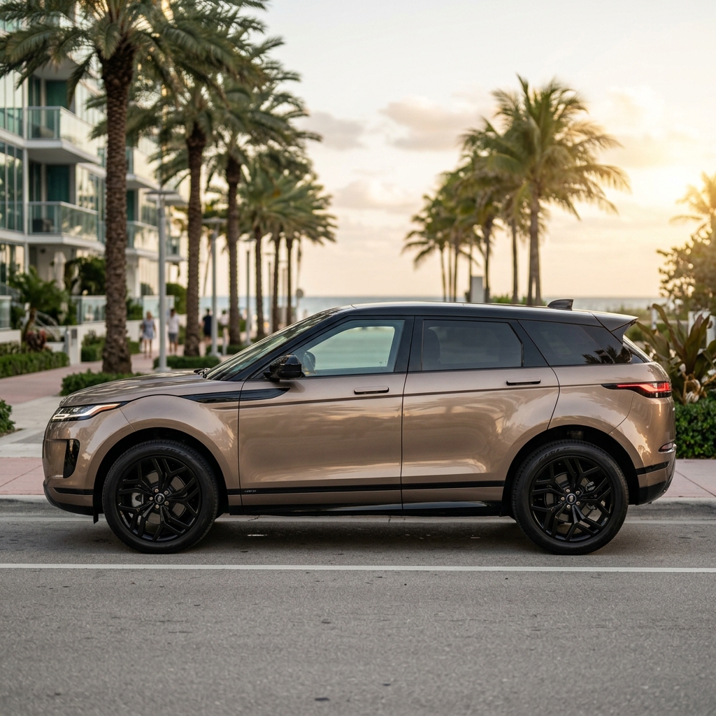 Side profile of a champagne bronze Range Rover Evoque SUV parked on a palm-tree-lined coastal street. (Representative image for illustration purposes only. Actual vehicle may vary based on trim and configuration.)