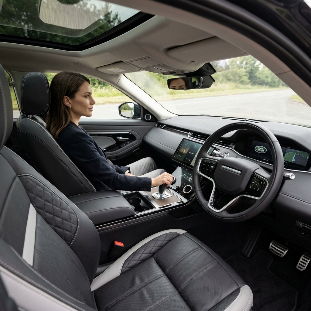Woman seated in the interior of a right-hand drive luxury Land Rover SUV adjusting center console controls. (Representative image for illustration purposes only. Actual vehicle may vary based on trim and configuration.)