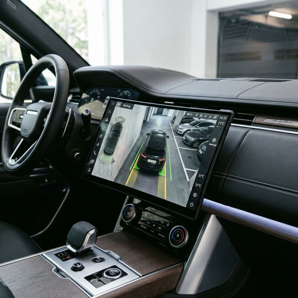 Modern luxury car dashboard featuring a large touchscreen display with a 360-degree parking camera view. (Representative image for illustration purposes only. Actual vehicle may vary based on trim and configuration.)