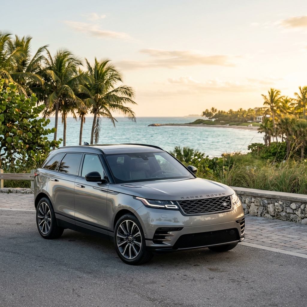Silver Range Rover Velar parked on a coastal road overlooking a tropical beach with palm trees at sunset. (Representative image for illustration purposes only. Actual vehicle may vary based on trim and configuration.)