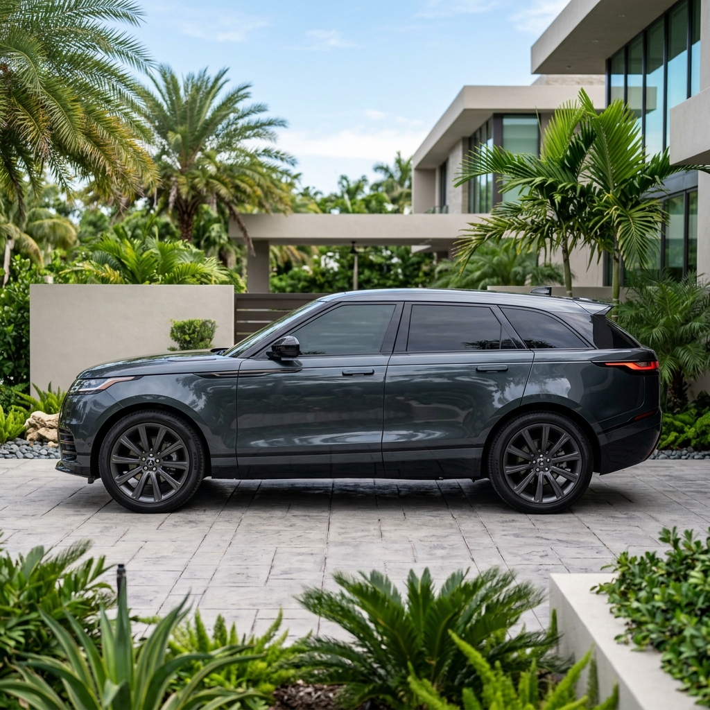 Side view of a dark grey luxury SUV parked on a paved driveway outside a modern tropical estate. (Representative image for illustration purposes only. Actual vehicle may vary based on trim and configuration.)