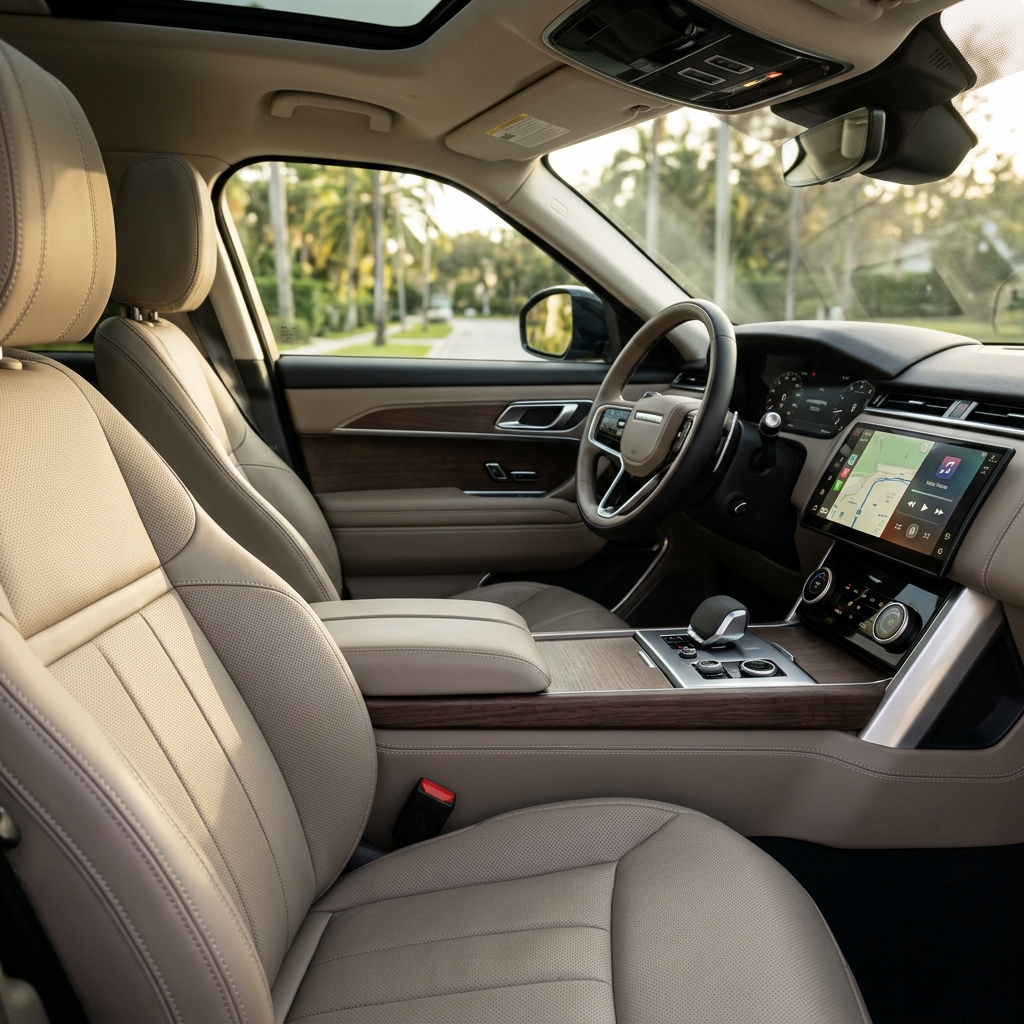 Interior of a modern luxury car featuring beige leather seats, dark wood trim, and a digital infotainment screen. (Representative image for illustration purposes only. Actual vehicle may vary based on trim and configuration.)