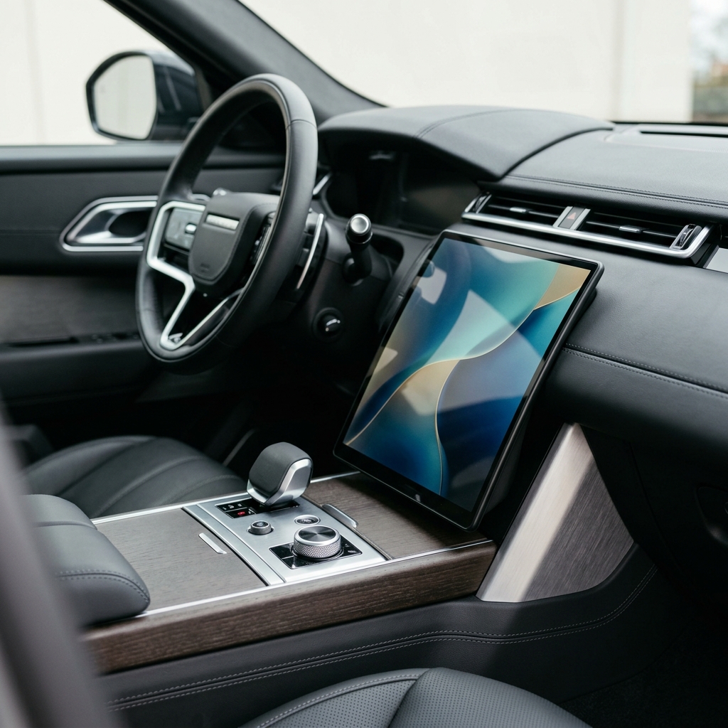 Modern luxury car interior featuring a large central touchscreen, leather steering wheel, and dark wood console trim. (Representative image for illustration purposes only. Actual vehicle may vary based on trim and configuration.)