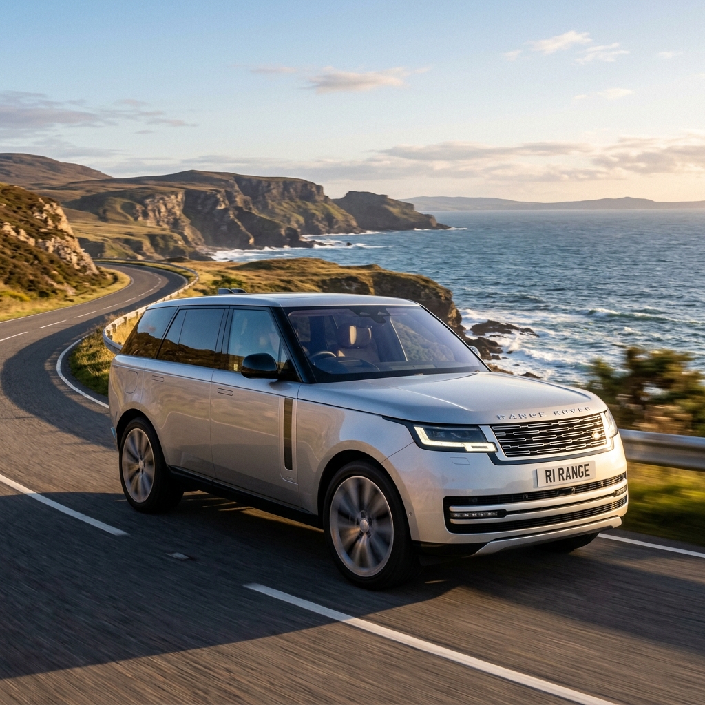 Silver Range Rover driving on a winding coastal road overlooking dramatic ocean cliffs and waves under a warm sky. (Representative image for illustration purposes only. Actual vehicle may vary based on trim and configuration.)