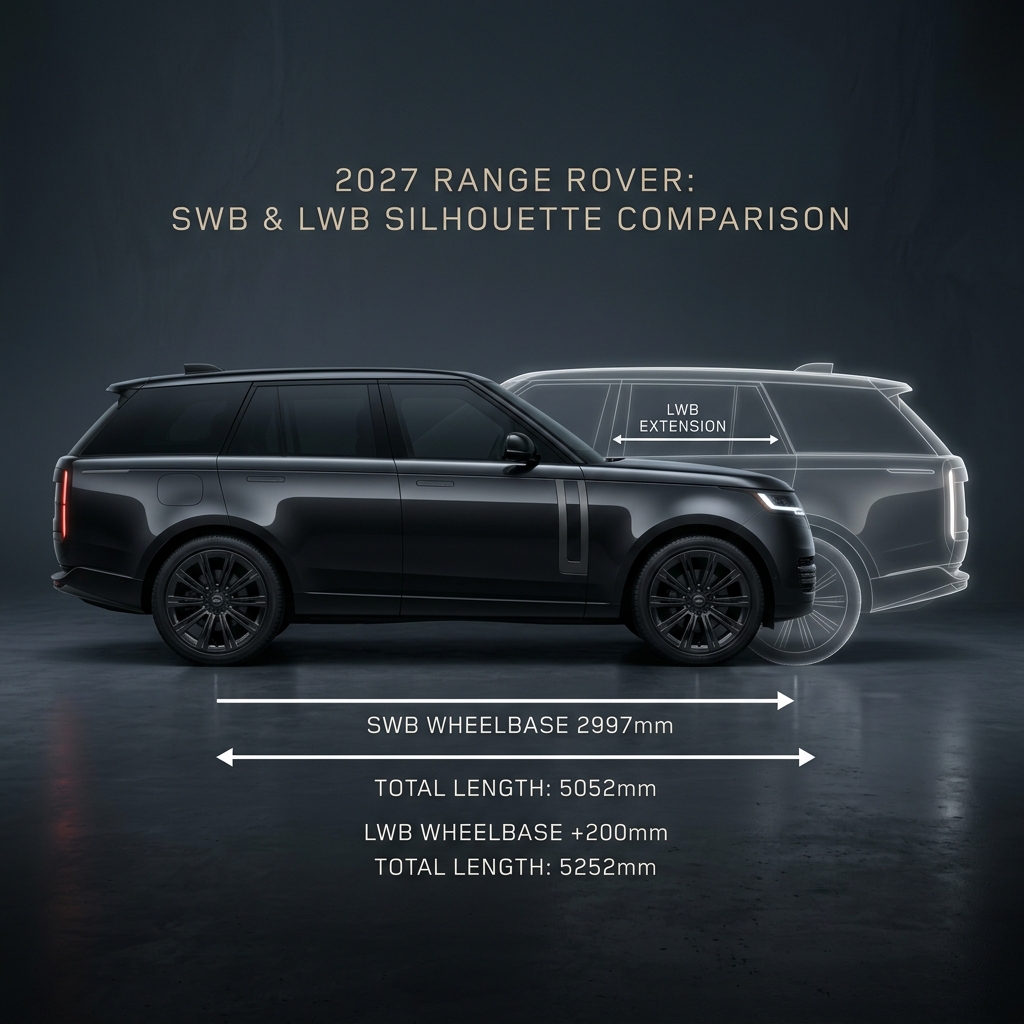 Silhouette comparison graphic showing dimensions for the 2027 Range Rover short and long wheelbase models. (Representative image for illustration purposes only. Actual vehicle may vary based on trim and configuration.)