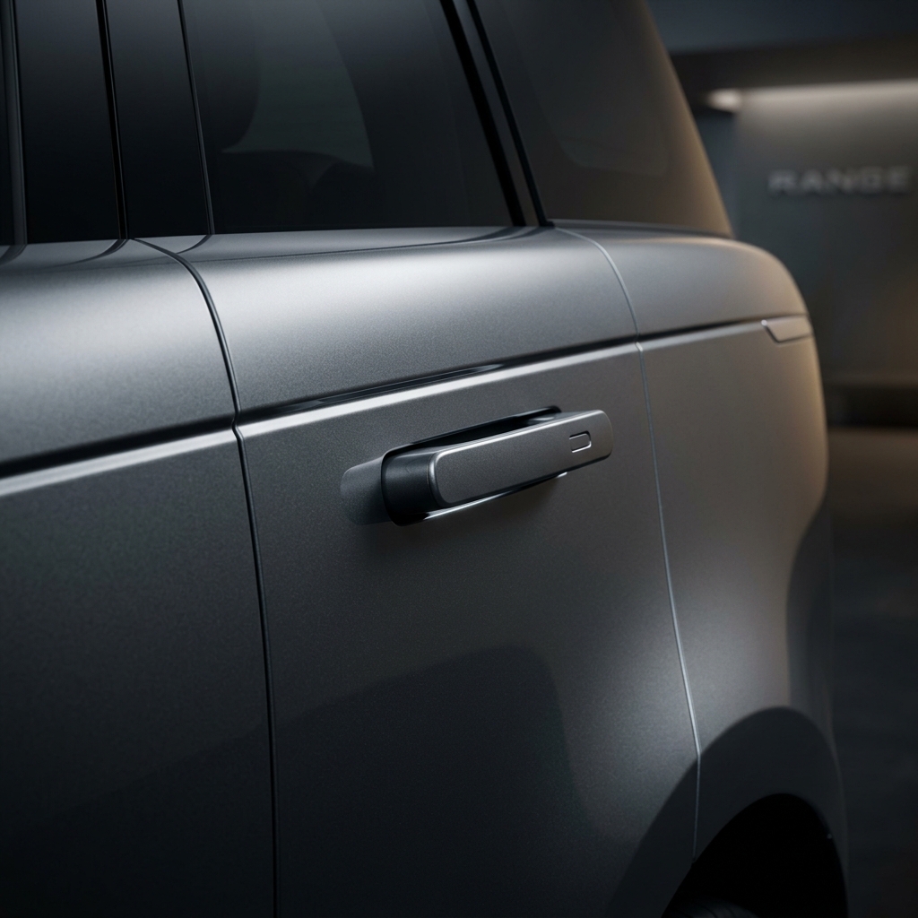 Close-up of an extended flush door handle on a sleek grey luxury SUV. (Representative image for illustration purposes only. Actual vehicle may vary based on trim and configuration.)