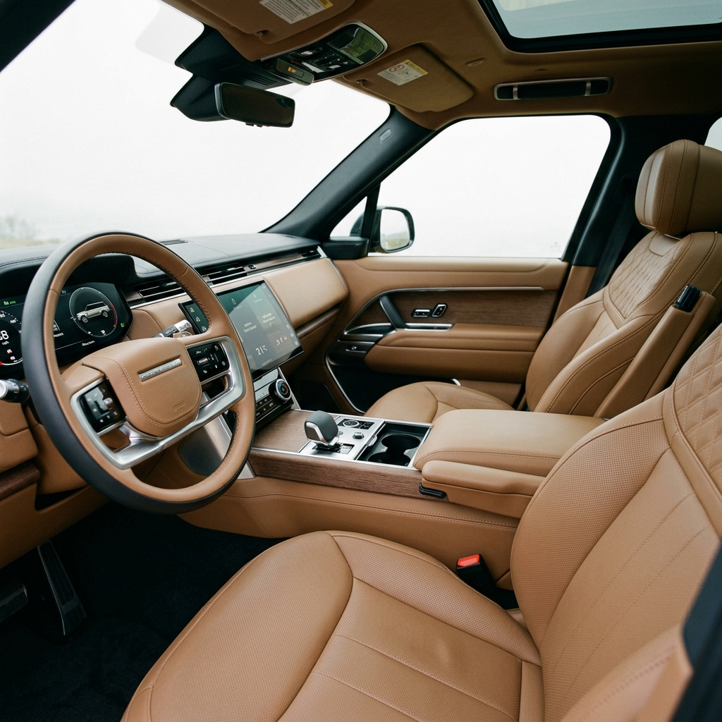 Tan leather interior of a luxury SUV featuring a modern dashboard, digital displays, and wood trim console. (Representative image for illustration purposes only. Actual vehicle may vary based on trim and configuration.)