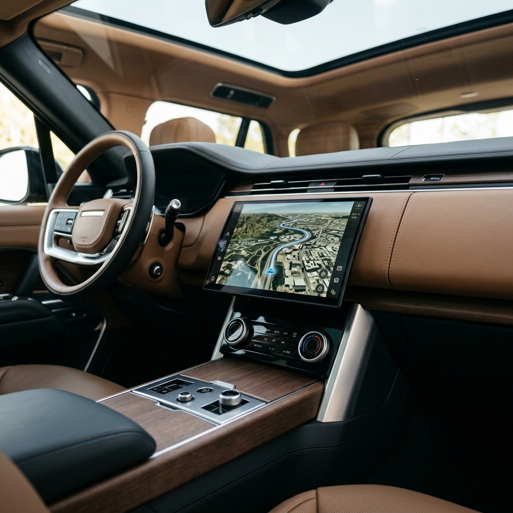 Interior of a luxury SUV with tan leather, wood trim, and a large central touchscreen displaying a navigation map. (Representative image for illustration purposes only. Actual vehicle may vary based on trim and configuration.)