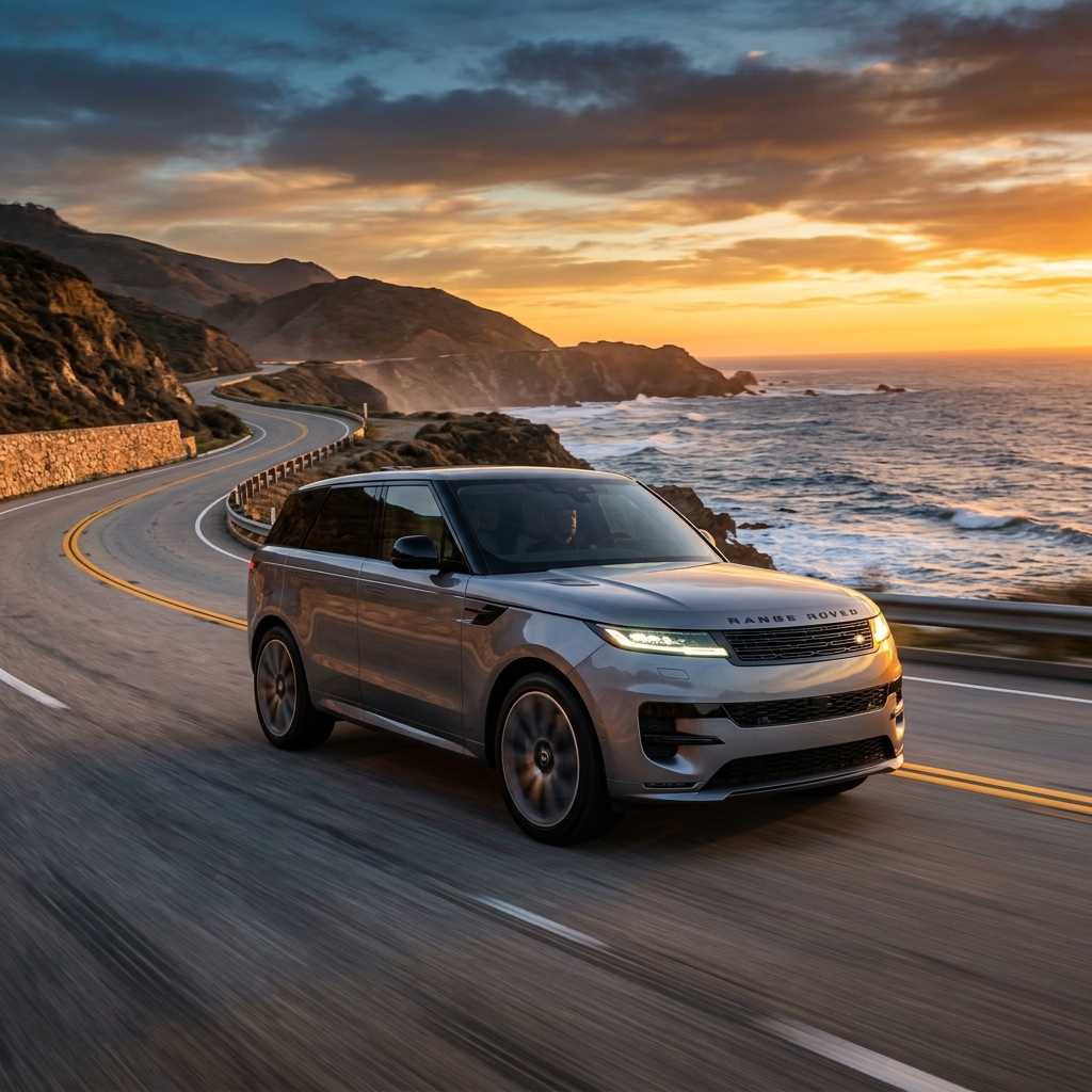 Silver Range Rover Sport driving along a winding coastal highway during a vibrant ocean sunset. (Representative image for illustration purposes only. Actual vehicle may vary based on trim and configuration.)