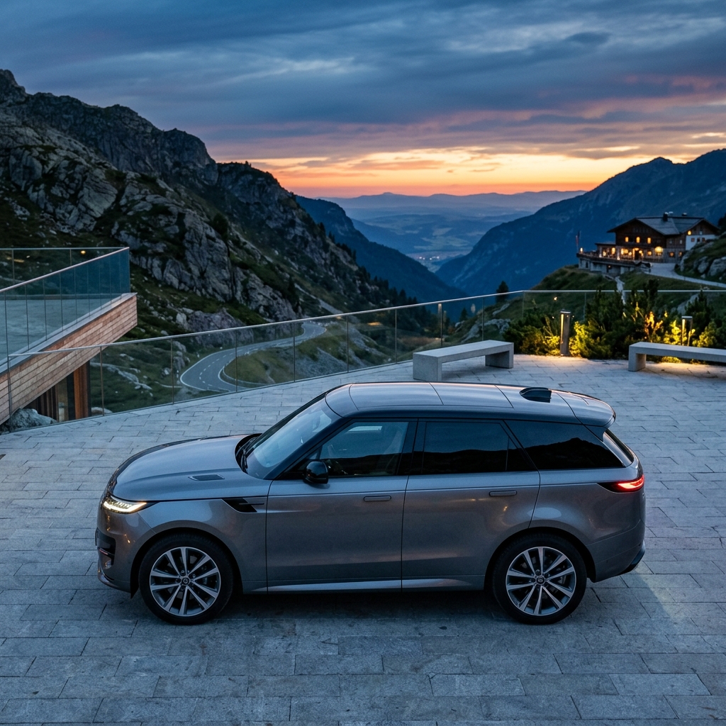 A grey Range Rover Sport parked on an alpine terrace overlooking mountain peaks during a vibrant sunset. (Representative image for illustration purposes only. Actual vehicle may vary based on trim and configuration.)